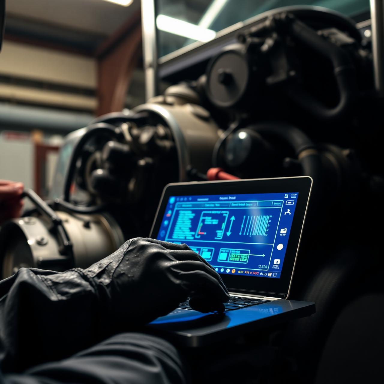 Mechanic running laptop computer diagnostics on a semi engine
