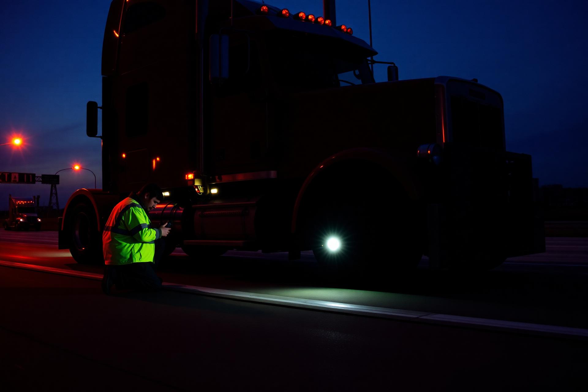Diesel mechanic performing roadside truck repair at dusk on a Texas highway